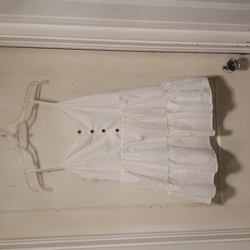 My Girl Flowly Teired Cotton Linen Babydoll Speghetti Strap White Top 9